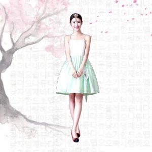 Hanbok mujer corto blanco/verde agua - Imagen 3