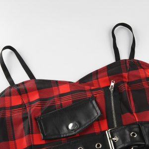 Crop top cuadros correa hebilla cremallera - Imagen 7