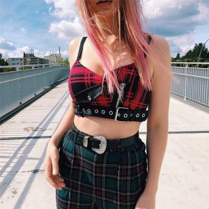 Crop top cuadros correa hebilla cremallera - Imagen 11