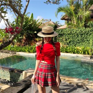 Falda cuadrille rojo con short interior - Imagen 7