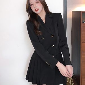 Vestido negro coreano plisado abotonado - Imagen 4