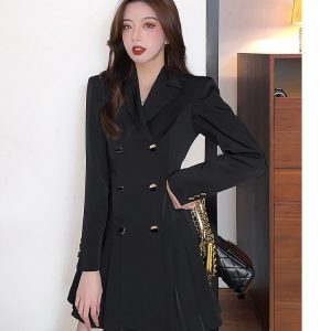 Vestido negro coreano plisado abotonado - Imagen 6