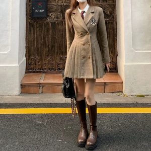 Vestido beige coreano insignia abotonado - Imagen 11